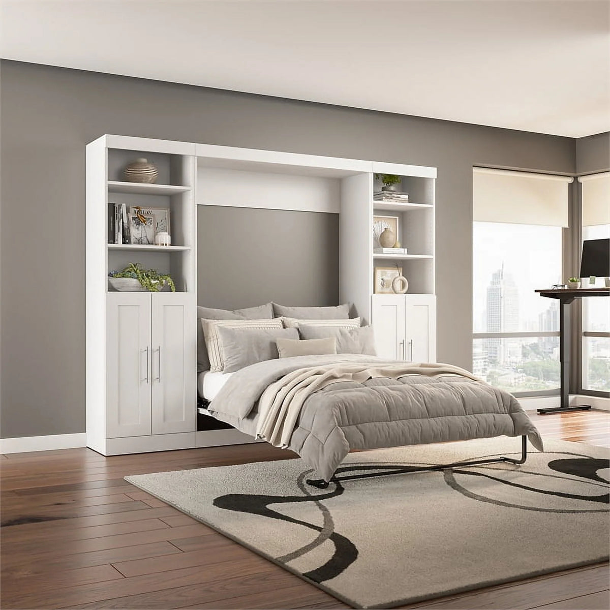 White Full Murphy Bed with Closet Storage Y2404