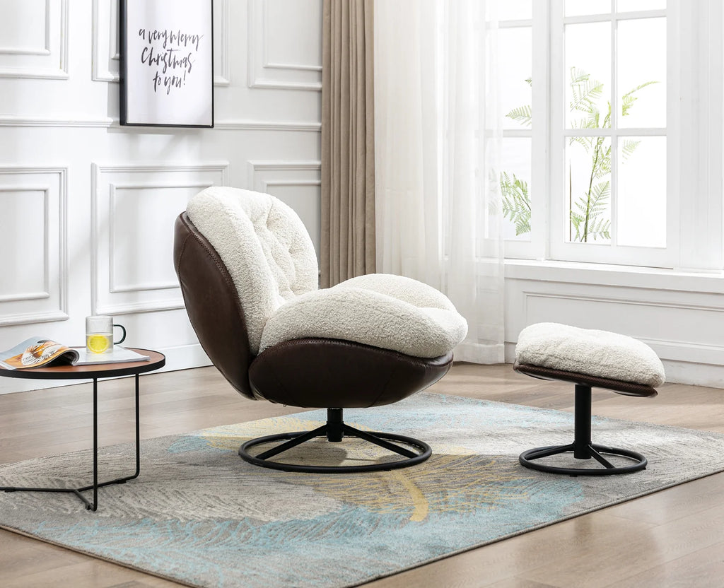 White Faux Fur Swivel Accent Chair with Ottoman P577157
