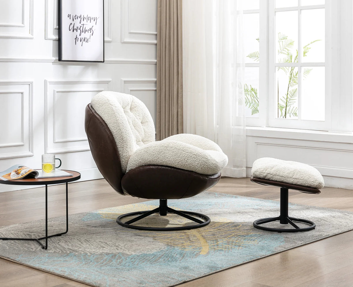 White Faux Fur Swivel Accent Chair with Ottoman P577157