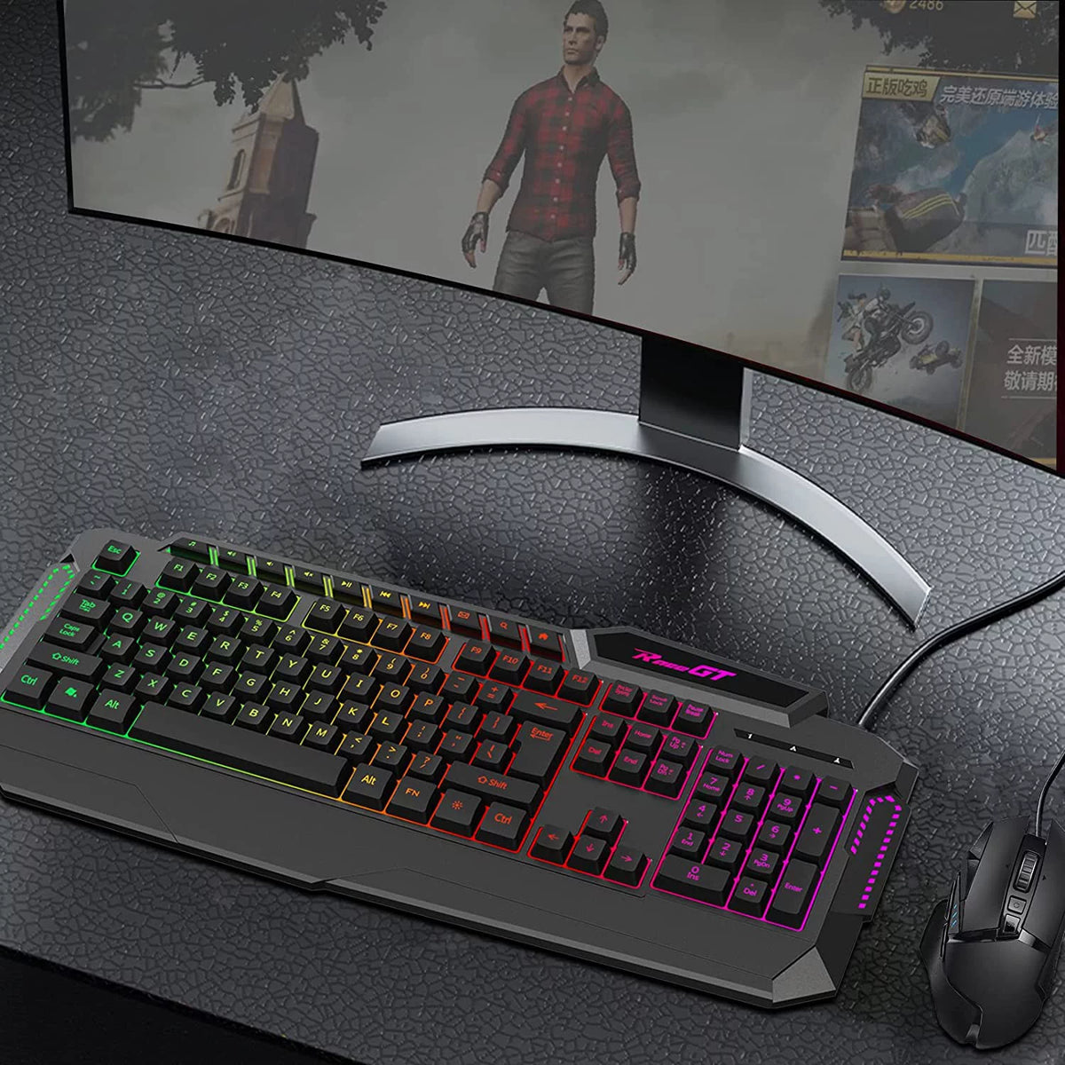 114 Keys Full Size Wired Rainbow LED Backlit Quiet Computer Keyboard with Wrist Rest Z746276