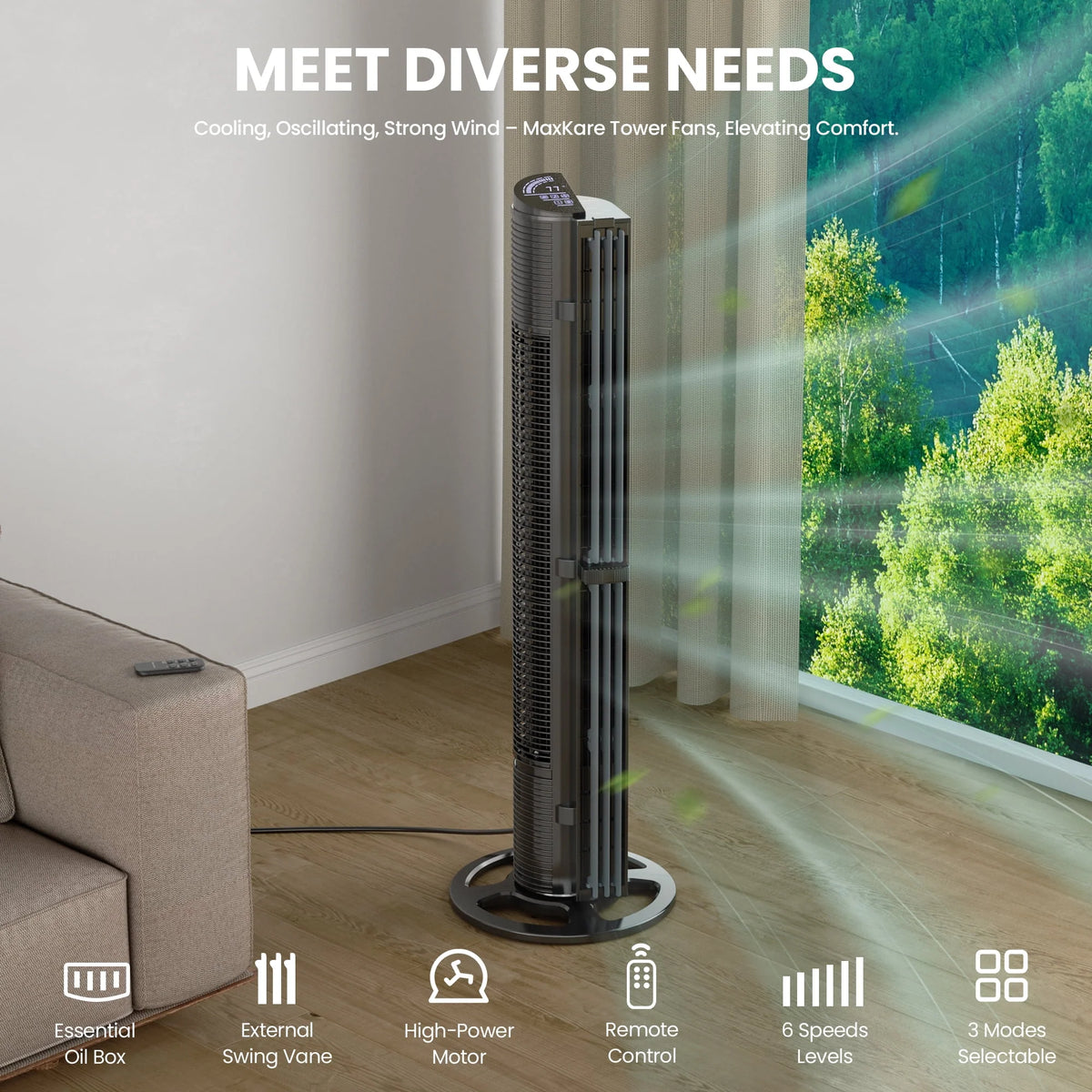 40in Tower Fan with Remote Control, 6 Speeds, Black R15894