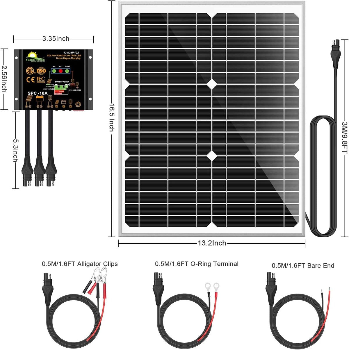 50W Mono Crystalline 12V Solar Panel Kit with 10A Charge Controller and SAE Cable Adapters F667