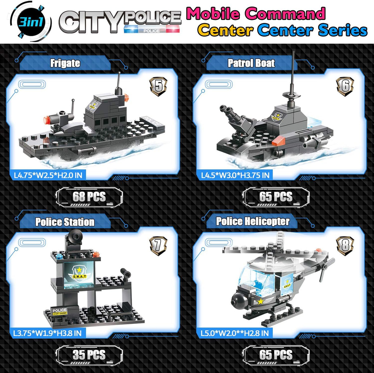1110 PCS SWAT City Police Station Mobile Command Center Truck Car Building Blocks Set with Storage Box H769516