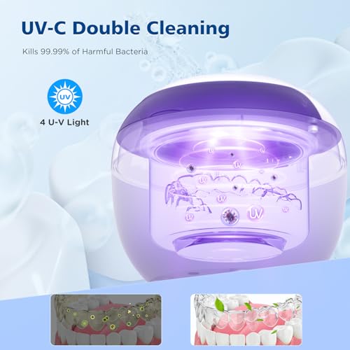 45kHz Ultrasonic Retainer Cleaner Machine, 200ML Denture Cleaner, 4 Modes with Digital Timer Mouth Guard Cleaner (White) Q75997