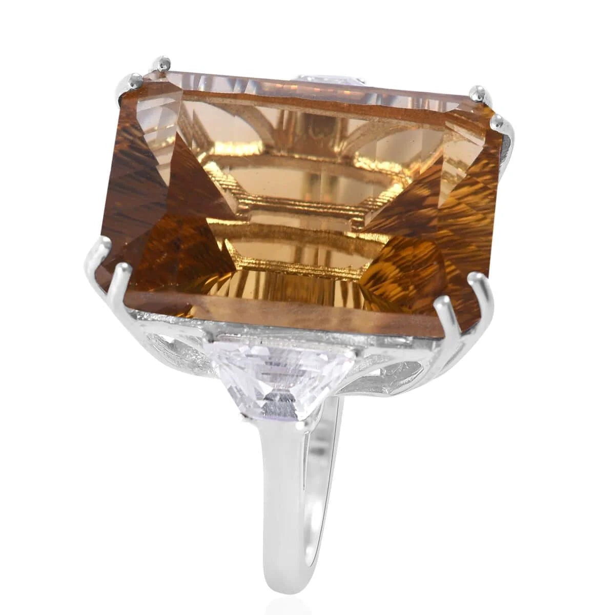 Citrine White Topaz Octagon 925 Sterling Silver Platinum Plated Ring Size 9 Ct 17.3 W91329