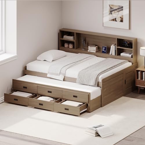 Full Size White Solid Wood Storage Daybed with Trundle Drawers Bookcase C48182