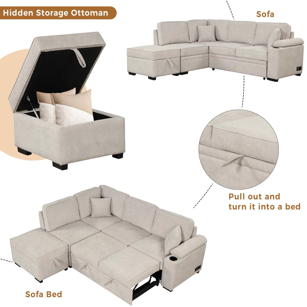 Beige L Shape Sleeper Sofa Bed with Storage Ottoman I5896