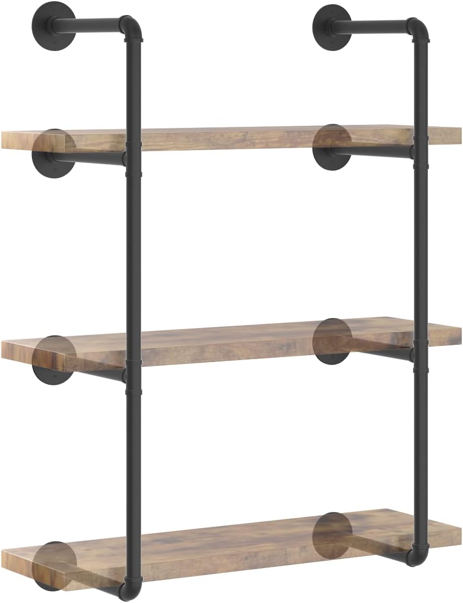 Industrial Wall Mount Iron Pipe Shelf Black 3 Tier X2 Q66763