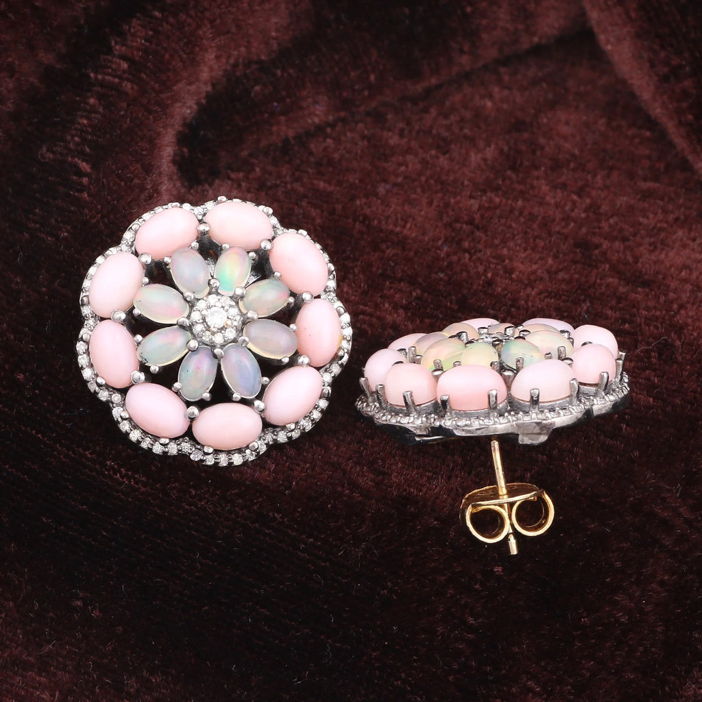 Natural Pink Opal Diamond Gemstone 925 Sterling Silver Earrings P1117