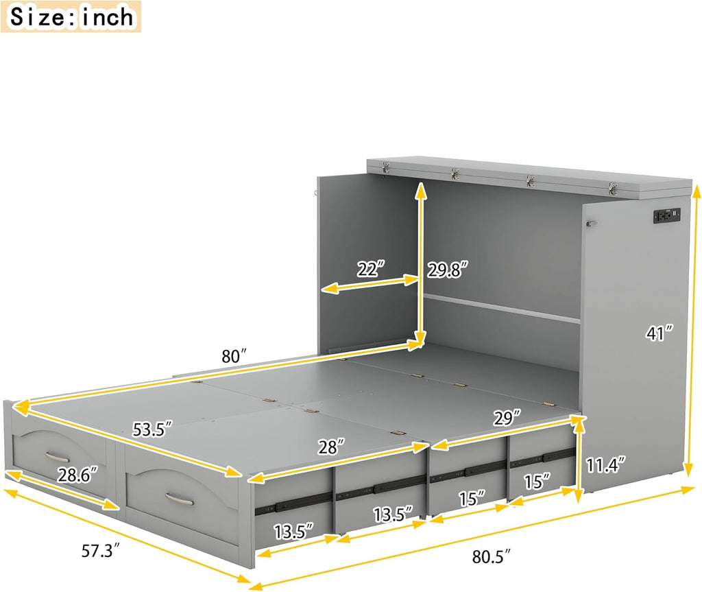 Gray Full Size Murphy Cabinet Bed with Built-in Charging Station D44794