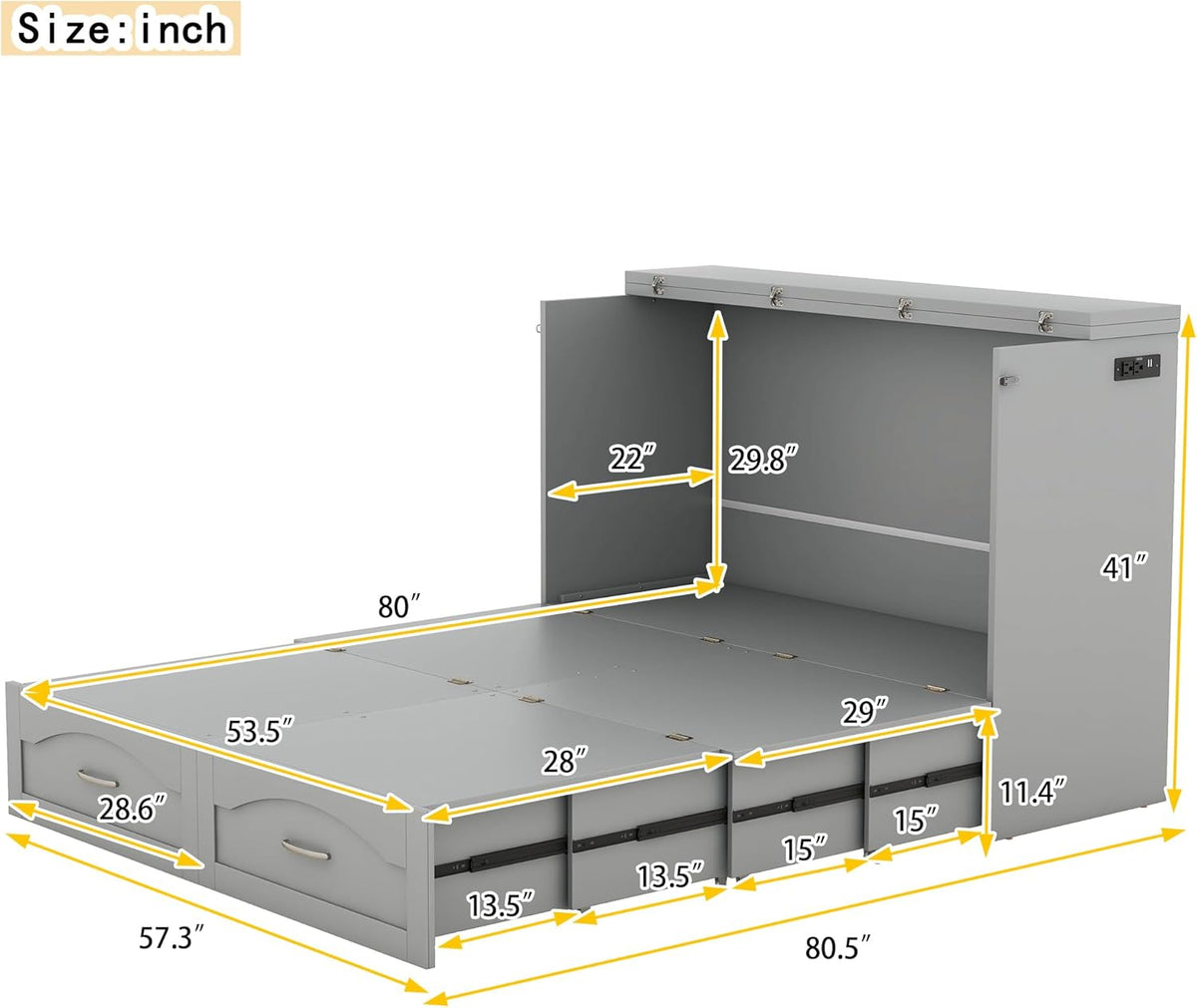 Gray Full Size Murphy Cabinet Bed with Built-in Charging Station D44794