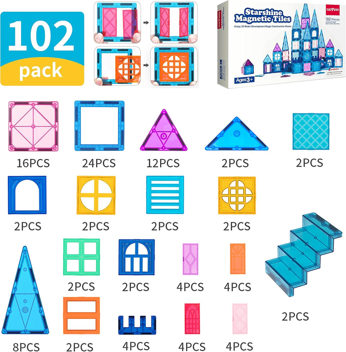Magnetic Tiles 102Pcs Building Blocks Toy Castle Building Kit M63617