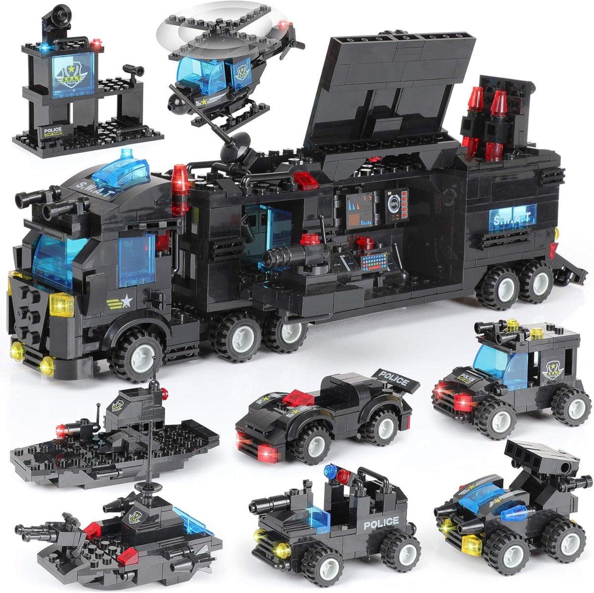 1110 PCS SWAT City Police Station Mobile Command Center Truck Car Building Blocks Set with Storage Box H769516