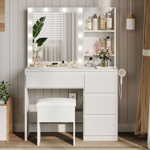 White Vanity Desk with Mirror and 12 LED Lights, 4 Drawers, Padded Stool with Storage X76785