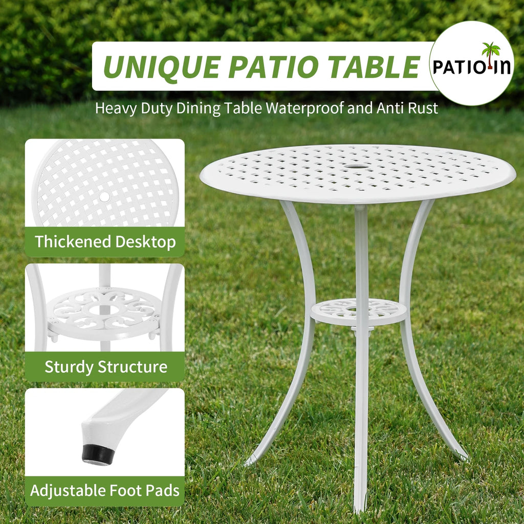 3 Piece White Patio Bistro Set with Umbrella Hole R7366