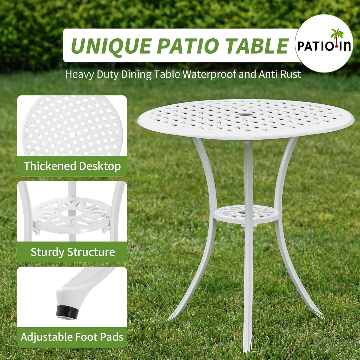 3 Piece White Patio Bistro Set with Umbrella Hole R7366