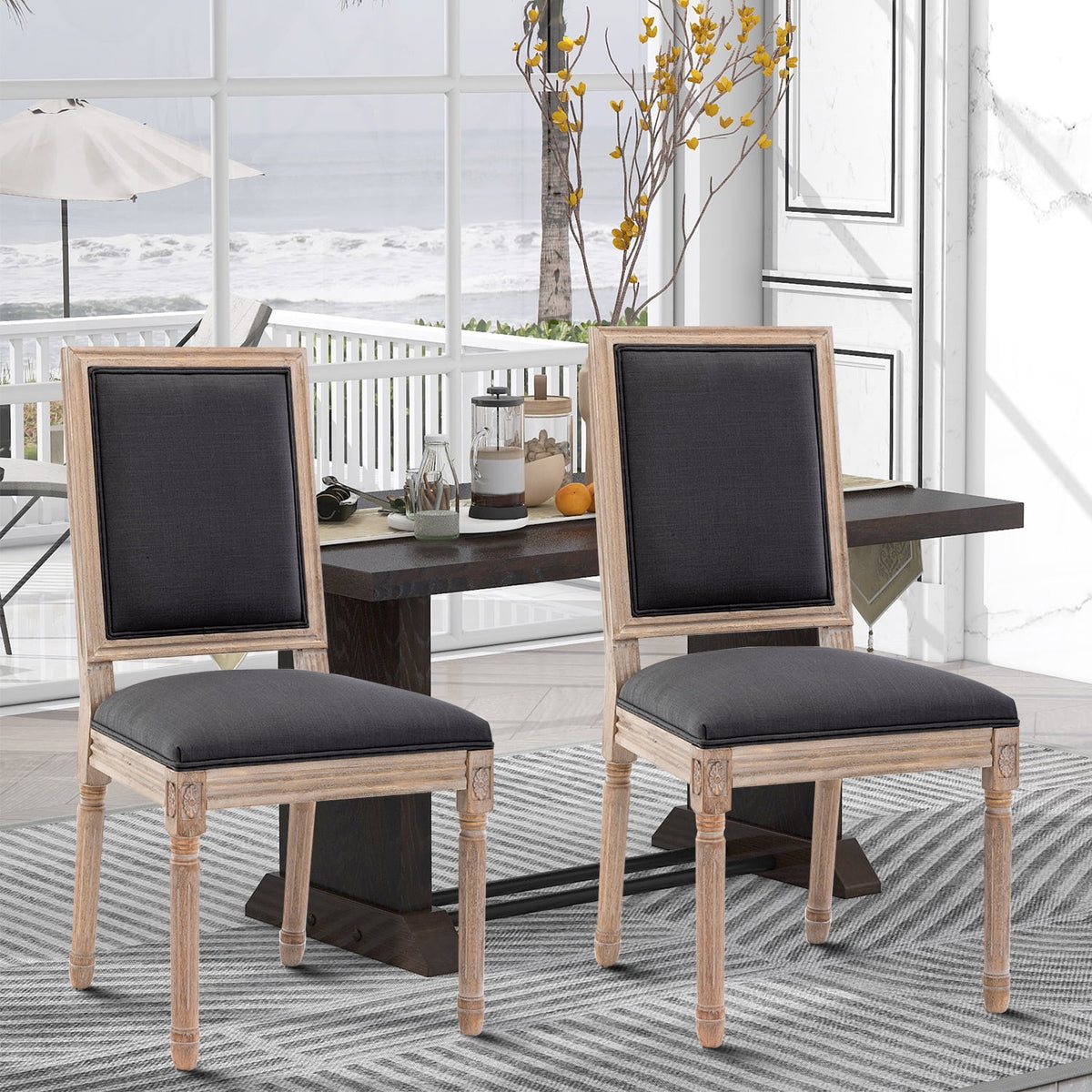 Grey Linen Upholstered Dining Chair Set of 2 with Wooden Legs B331
