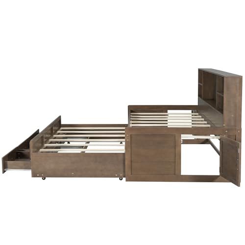 Full Size White Solid Wood Storage Daybed with Trundle Drawers Bookcase C48182