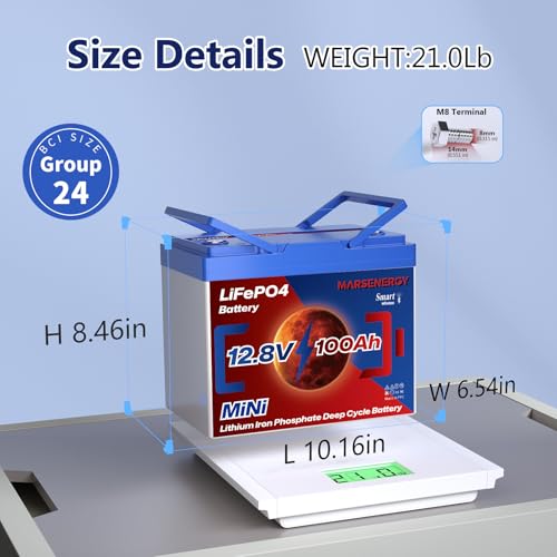 12V 100Ah Lifepo4 Battery, Bci Group 24, Built-In 100A Smart BMS E9319