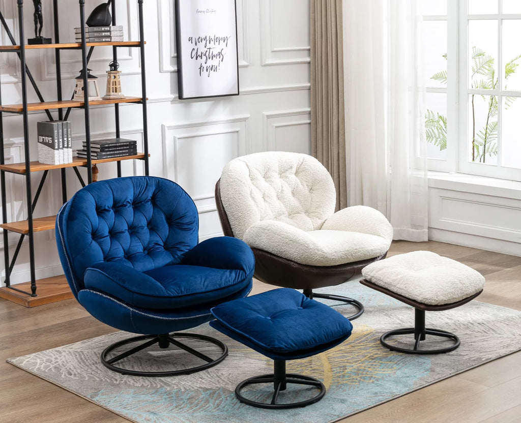 White Faux Fur Swivel Accent Chair with Ottoman P577157