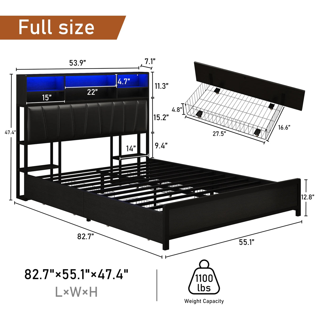 White Queen Size LED Platform Storage Bed Frame U5984