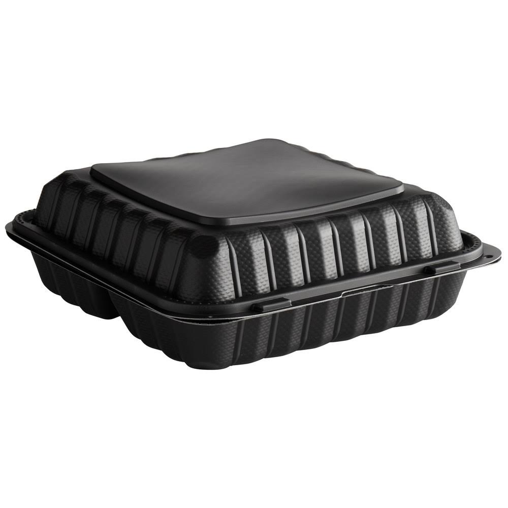 3-Compartment Microwaveable Black Plastic Take-Out Container - 150/Case B289706