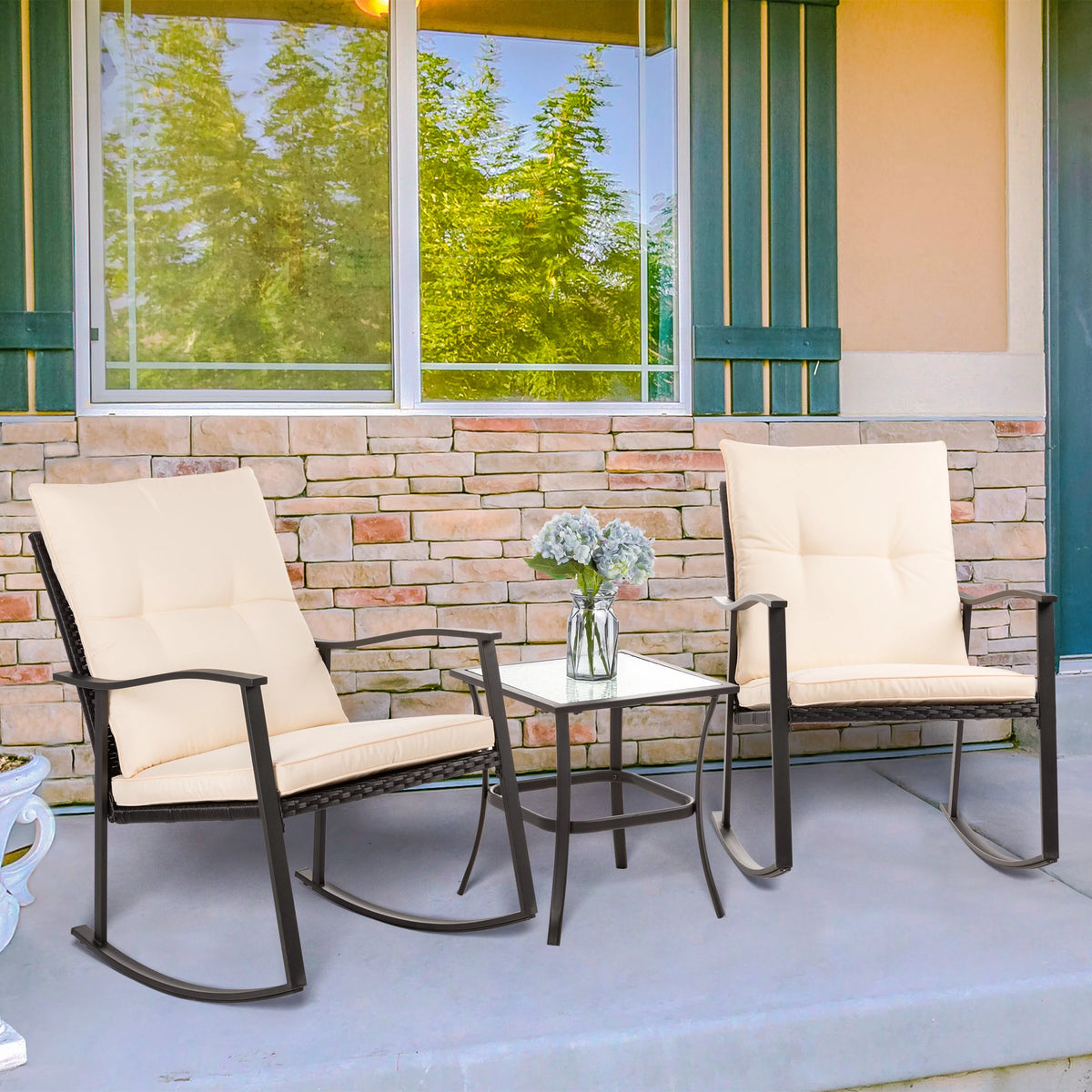 3 Piece Rocking Bistro Set with Rocker Chairs and Coffee Table Light Grey C45106