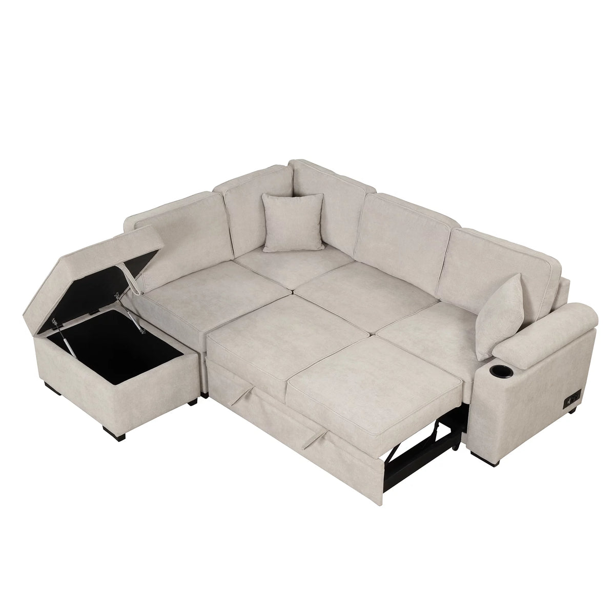 Beige L Shape Sleeper Sofa Bed with Storage Ottoman I5896