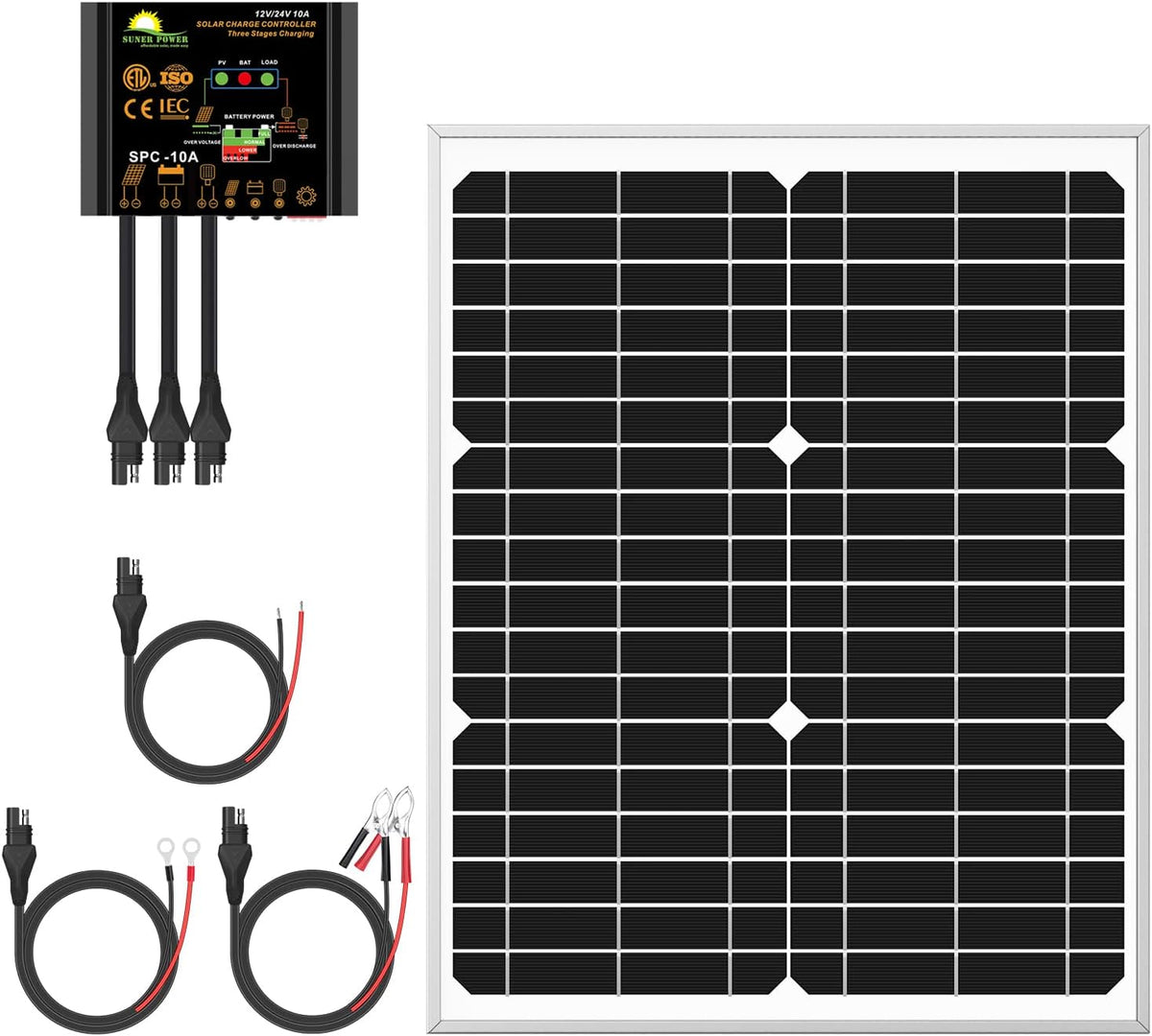 50W Mono Crystalline 12V Solar Panel Kit with 10A Charge Controller and SAE Cable Adapters F667