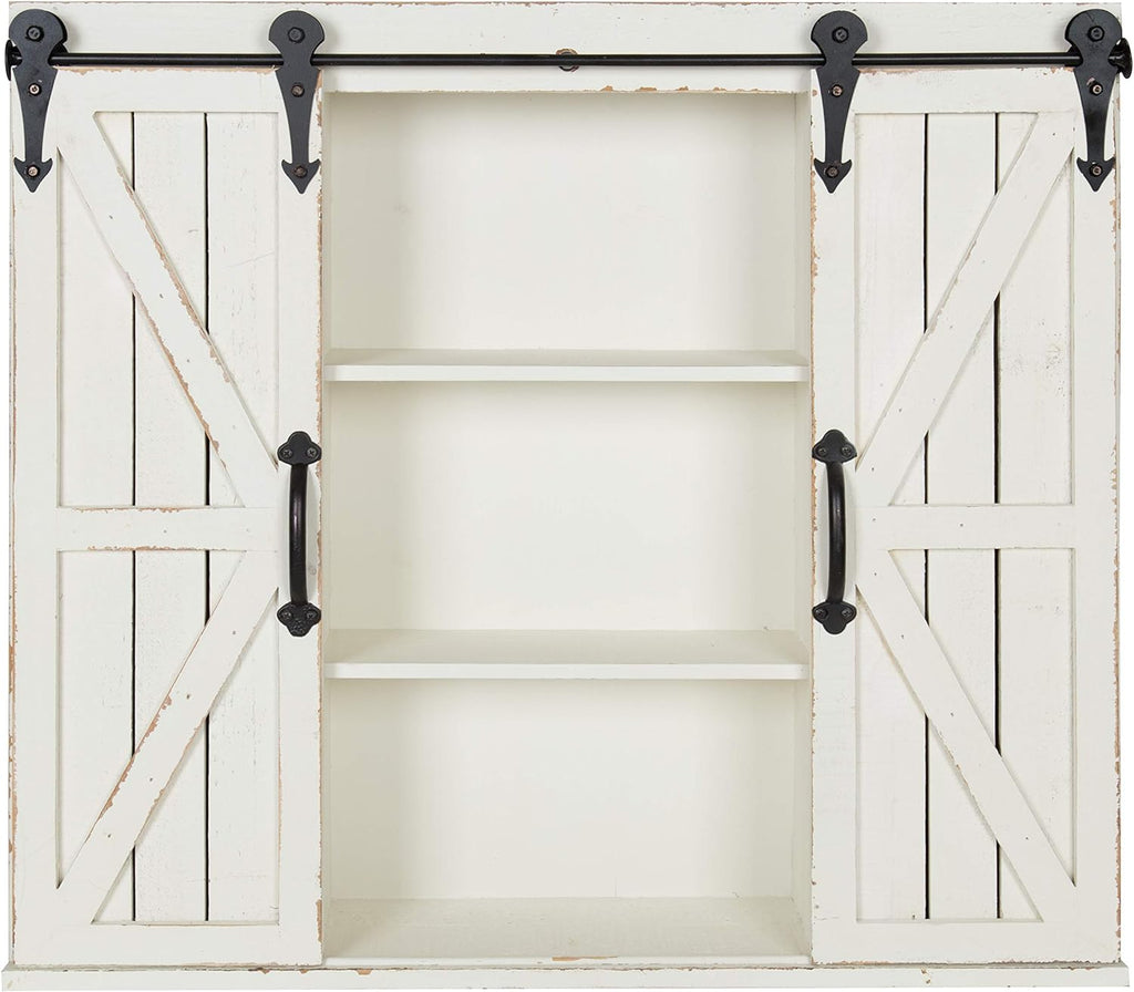 Rustic White Wood Wall Storage Cabinet with Two Sliding Barn Doors D866170