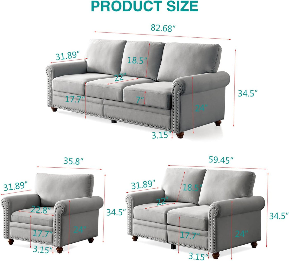 Grey 3 Pcs Sofa Set with Storage X5378