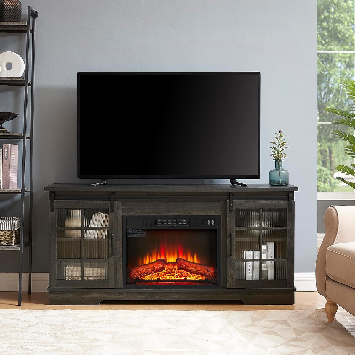 Charcoal Grey Fireplace TV Stand with Storage Drawers and Sliding Door A377293