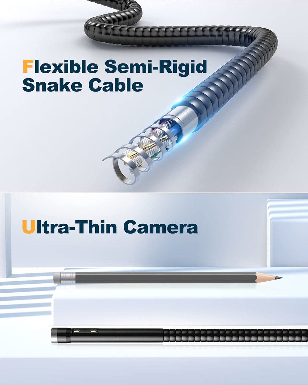 Dual Lens 1080P HD Borescope Inspection Camera with Metal Cable E1867
