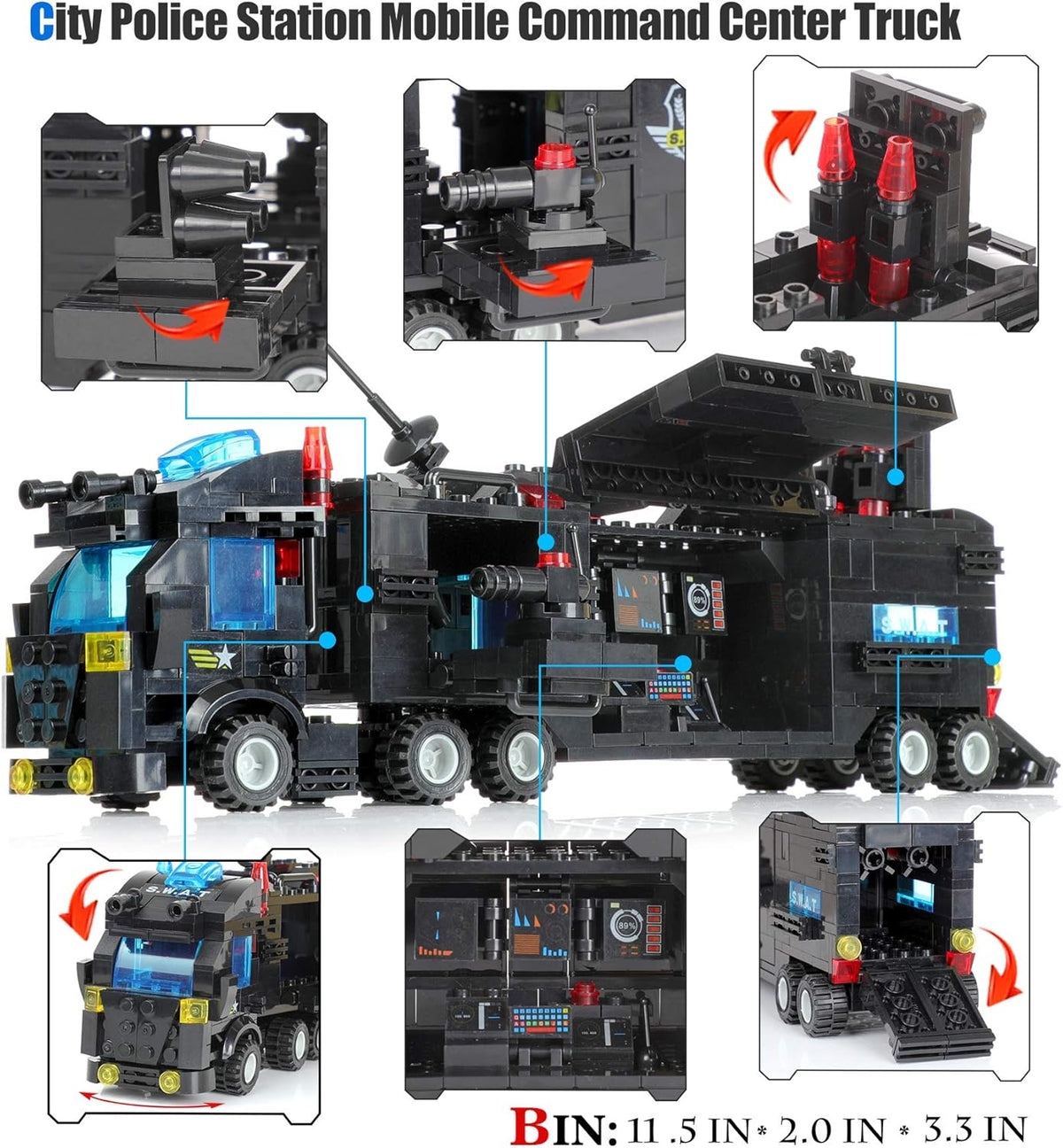 1110 PCS SWAT City Police Station Mobile Command Center Truck Car Building Blocks Set with Storage Box H769516