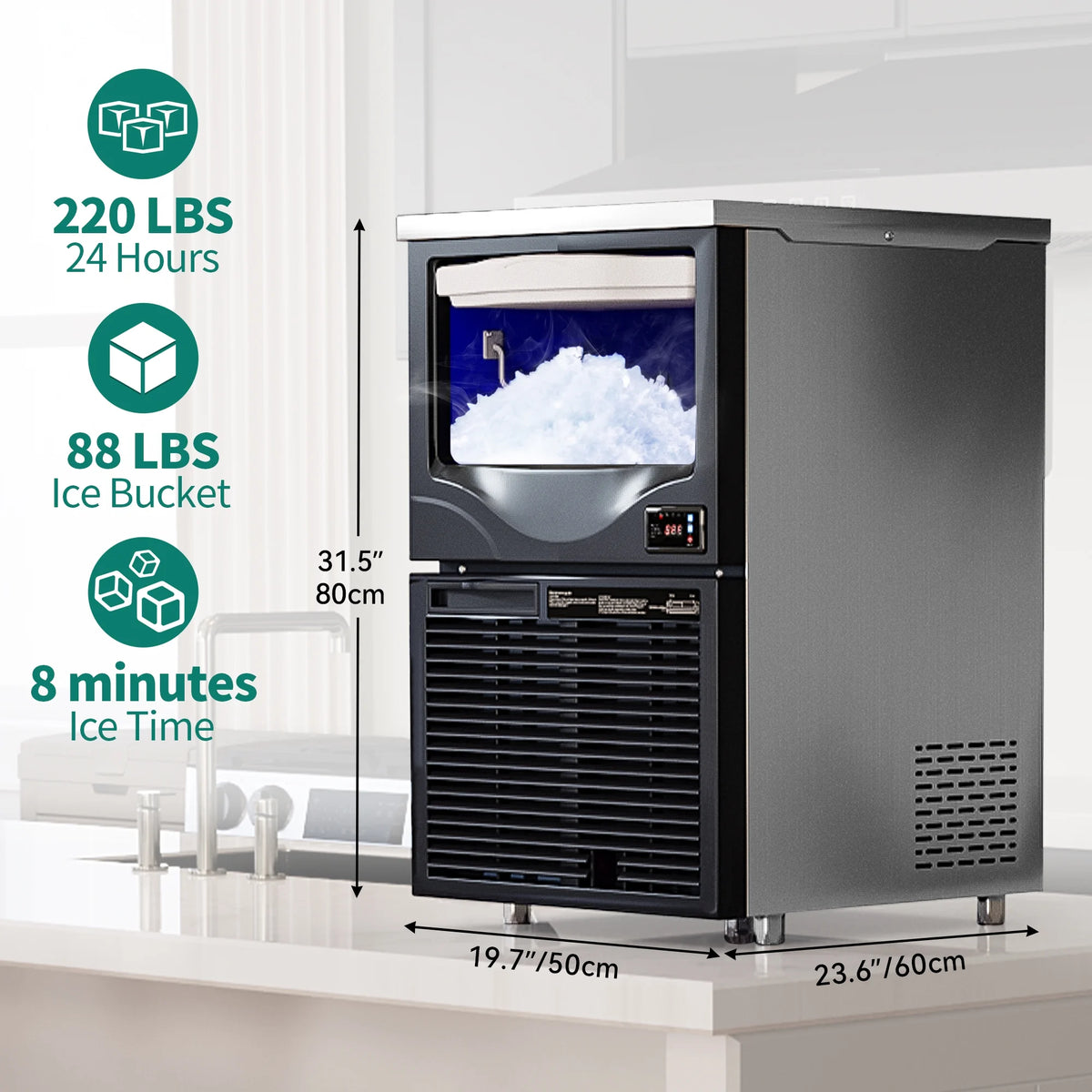 220LBS/24H Food Grade Stainless Steel Freestanding Ice Maker Machine with 88LBS Storage J6117