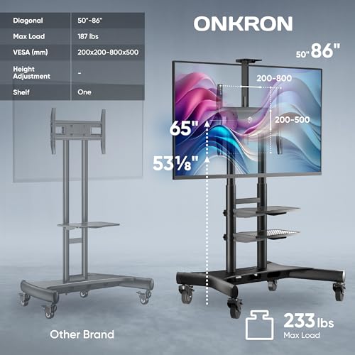 Black Mobile TV Stand on Wheels for 50-86 Inch TVs, Adjustable Height, VESA 800x500 V6615