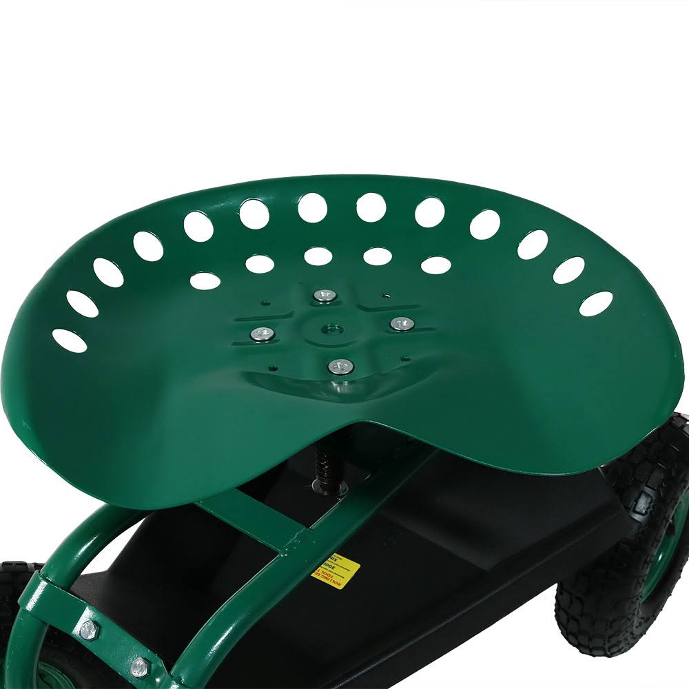 Green Rolling Garden Cart with Steering Handle, Swivel Seat & Basket O4260
