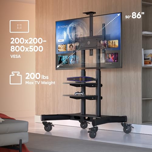Black Mobile TV Stand on Wheels for 50-86 Inch TVs, Adjustable Height, VESA 800x500 V6615