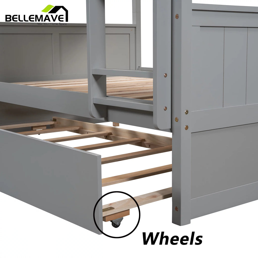 Full Over Full Wood Bunk Bed with Twin Trundle and Ladder V7653