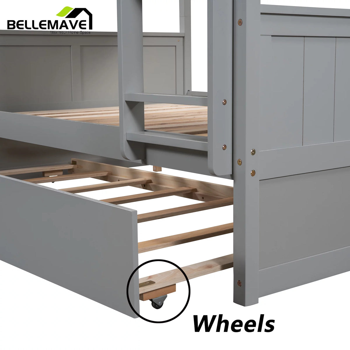 Full Over Full Wood Bunk Bed with Twin Trundle and Ladder V7653