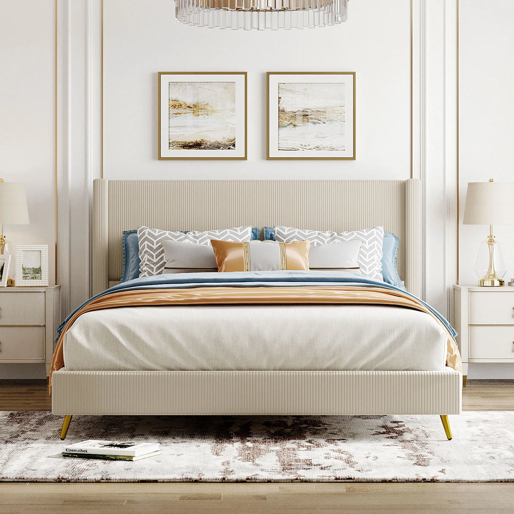 Queen Size Beige Corduroy Upholstered Platform Bed Frame with Wingback Headboard V702