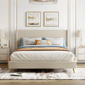 Queen Size Beige Corduroy Upholstered Platform Bed Frame with Wingback Headboard V702