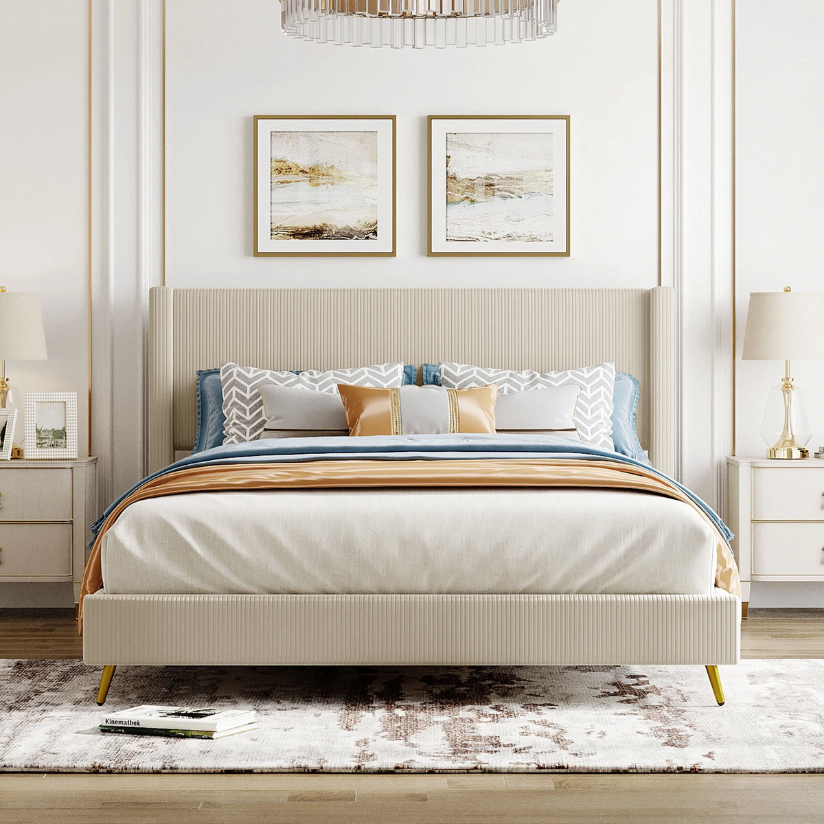 Queen Size Beige Corduroy Upholstered Platform Bed Frame with Wingback Headboard V702