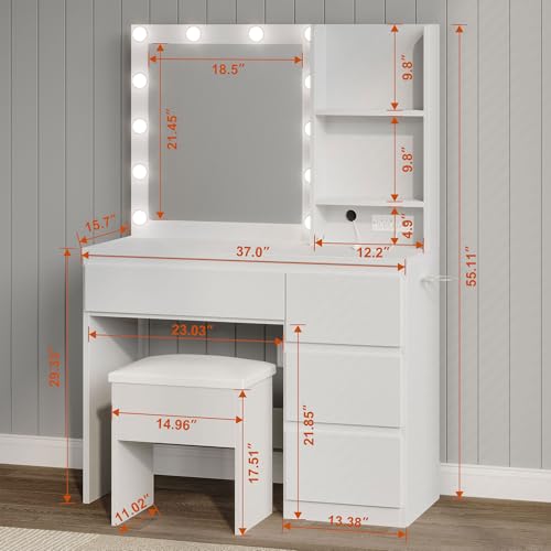 White Vanity Desk with Mirror and 12 LED Lights, 4 Drawers, Padded Stool with Storage X76785