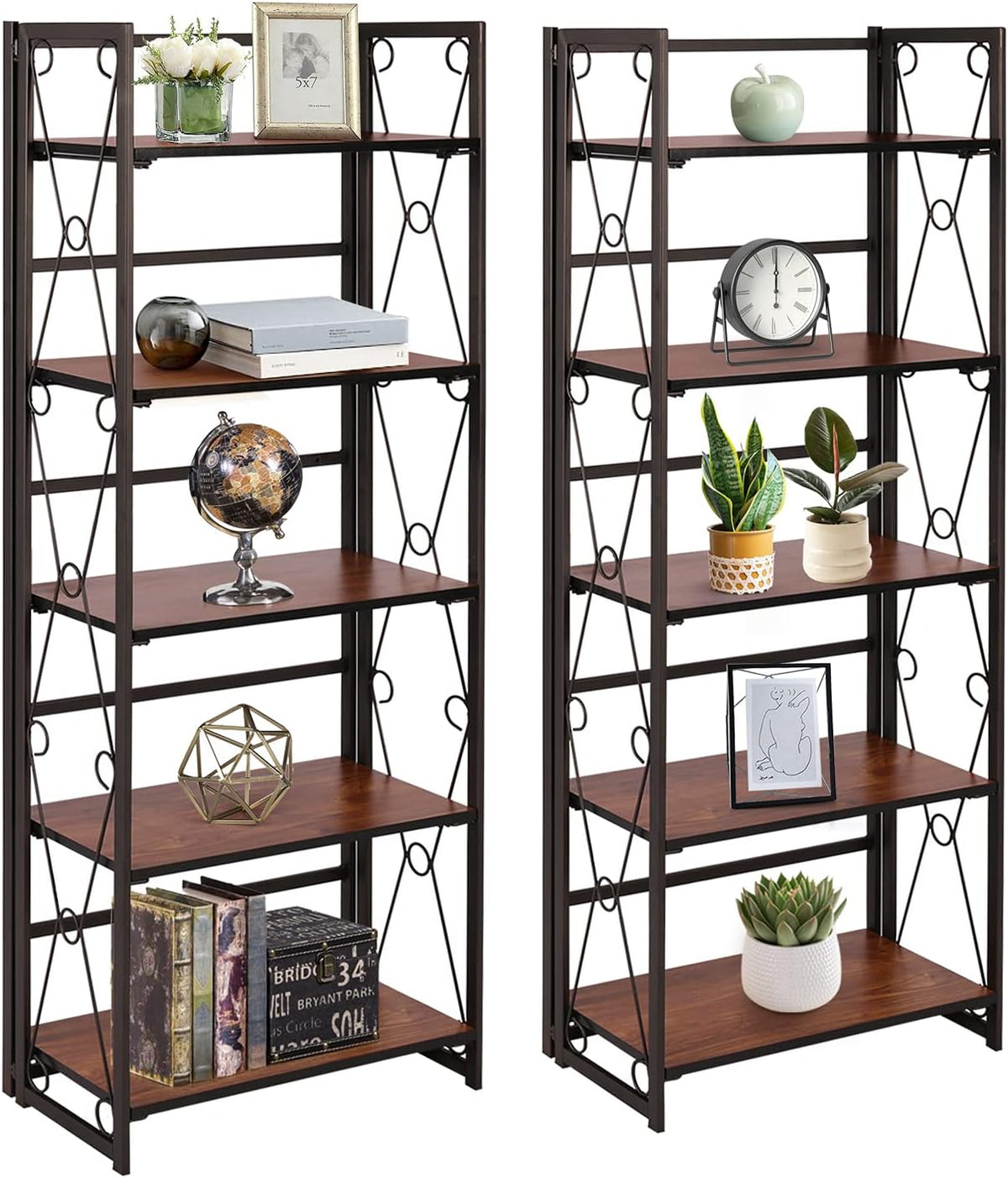 5 Tier Dark Brown Metal Frame Bookshelf W834