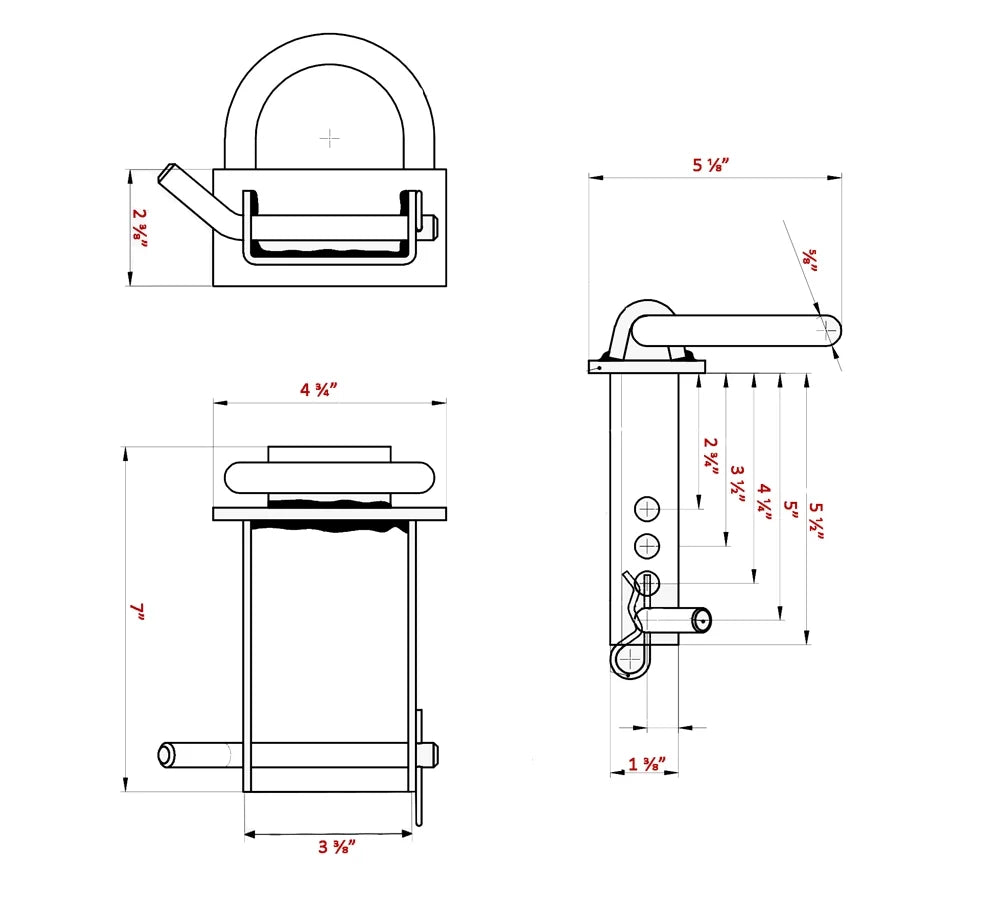 2 Pack Heavy Duty Adjustable Stake Pocket D Ring Black with 1/2" Hitch Pin, 4 Holes, 5400 lbs Load Limit E220276