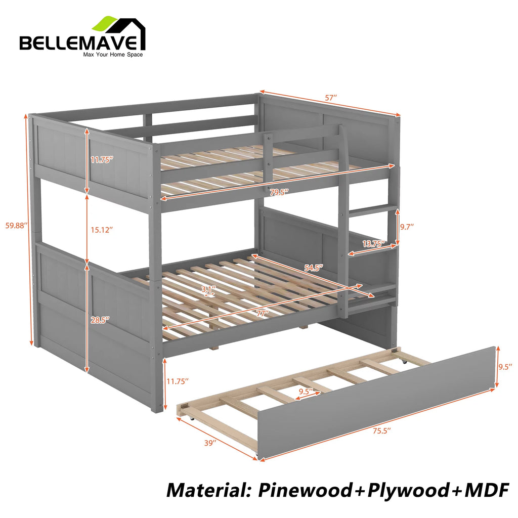 Full Over Full Wood Bunk Bed with Twin Trundle and Ladder V7653