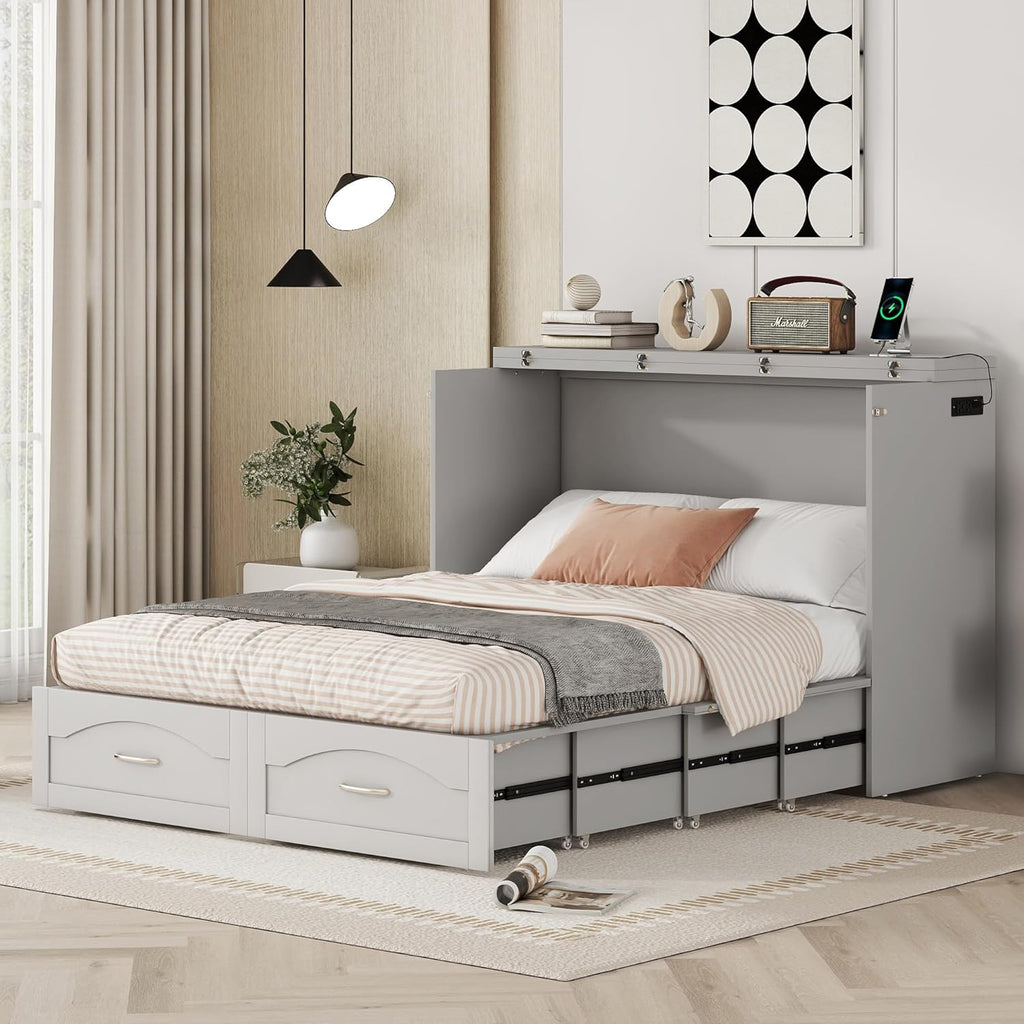 Gray Full Size Murphy Cabinet Bed with Built-in Charging Station D44794