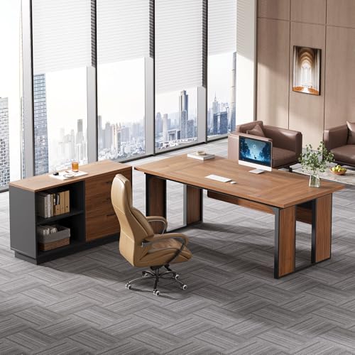 L-Shaped Executive Desk with Drawers Cabinet and Storage Shelves Z366