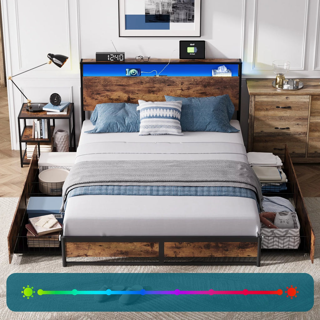 Full Size Platform Bed Frame with Storage Headboard and 4 Storage Drawers K391101